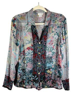 Citron Santa Monica Silk Floral Patchwork Button-Down Blouse S art to wear artsy